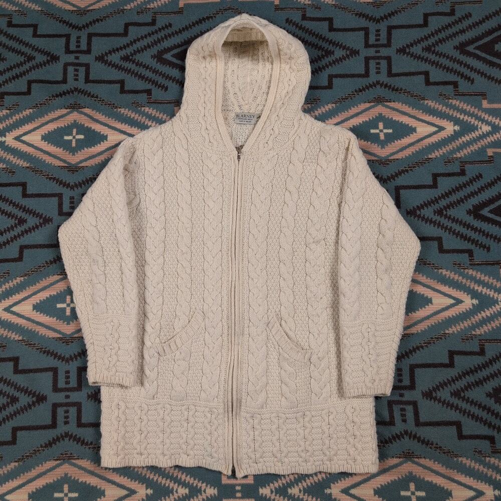 Blarney Aran Ireland Merino Wool Hooded Cardigan Fisherman Cableknit Large